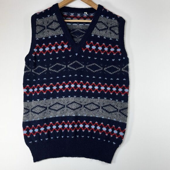 Vintage-Style Fair Isle Sweater Vest Size 18 Navy Blue Red Gray Geometric Knit - Picture 1 of 10